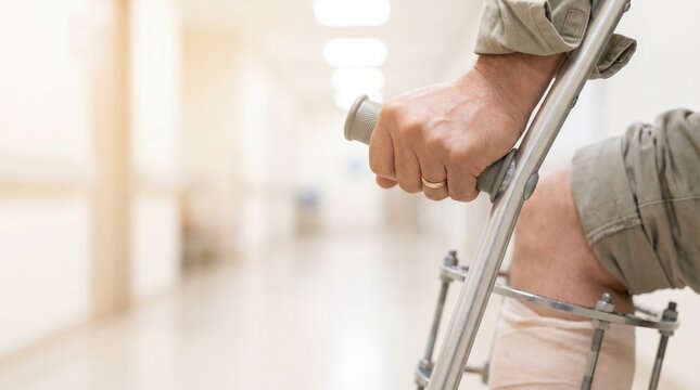 Close-up of adult patient using crutch with external fixation frame on bandaged leg, orthopedic trauma recovery, fracture treatment and mobility rehabilitation concept.