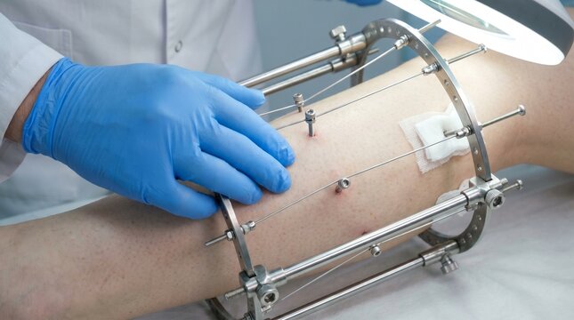 Close-up of adult leg with Ilizarov external fixation frame during clinical checkup, orthopedic trauma care, fracture treatment, limb reconstruction and postoperative recovery concept.