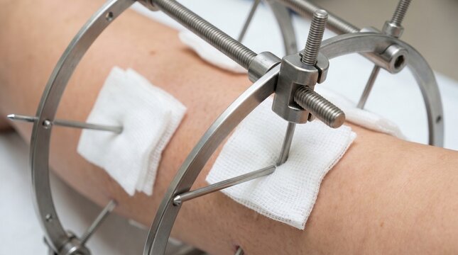 Close-up of adult leg with Ilizarov external fixation frame and sterile gauze at pin sites, orthopedic trauma surgery, fracture treatment and limb reconstruction concept.
