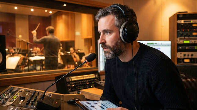 Audio director managing orchestra score recording session