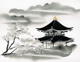 Obraz premium Sumi-e ink painting of a traditional Japanese temple with cherry blossoms and clouds, minimalist monochrome wall art with gold accent