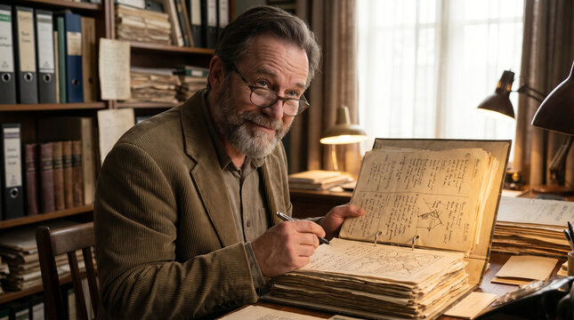 Smiling mature historian researching old manuscript in library