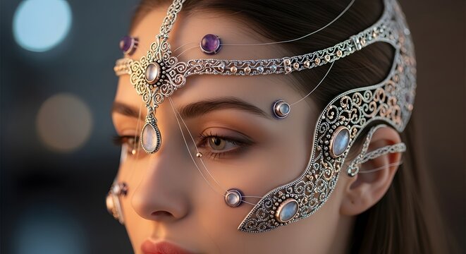 A futuristic woman adorned with intricate metallic headpieces and gemstones