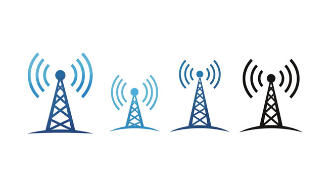 Three wireless antenna towers transmitting signals to illustrate modern radio frequency communications and broadcasting infrastructure.
