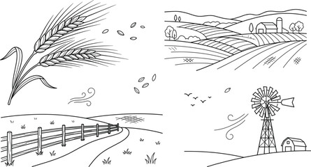 Agriculture farm landscape bundle with wheat ears rural fields windmill fence and barn outline line art vector illustration © MD