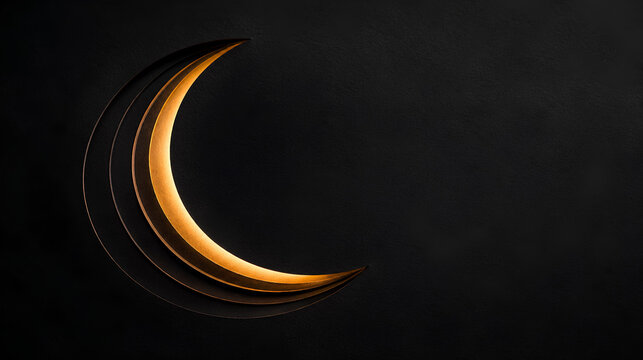 Elegant crescent moon shape formed by layered dark paper with golden backlight