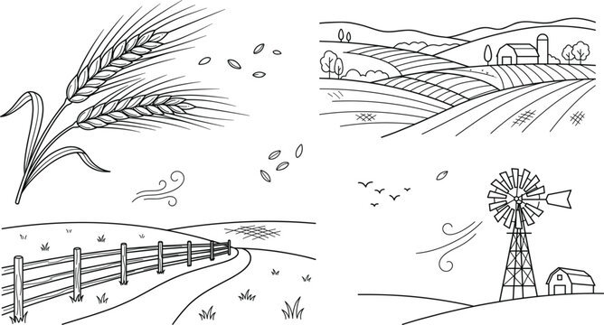 Agriculture farm landscape bundle with wheat ears rural fields windmill fence and barn outline line art vector illustration