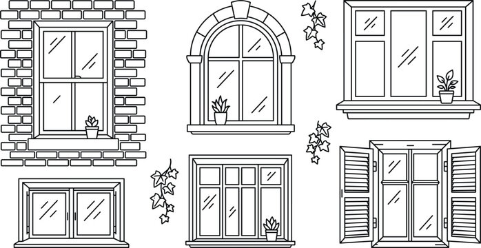 Architecture window set with different house frames shutters brick wall and arched design outline line art vector illustration