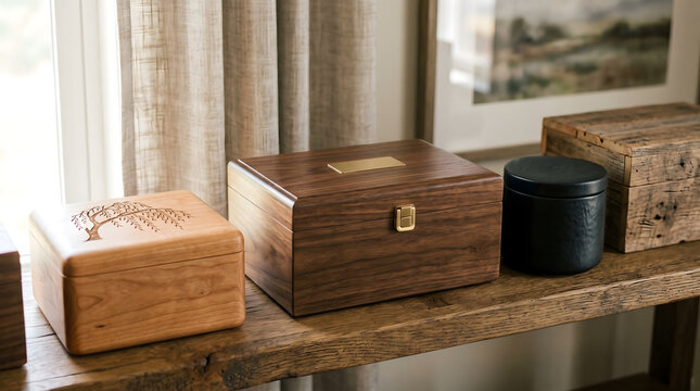 Decorative wooden boxes on rustic shelf with art