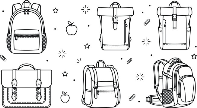 Backpack collection set including school rucksack rolltop bag briefcase and satchel elements outline line art vector illustration design