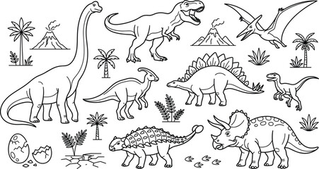 Dinosaur prehistoric animals collection including tyrannosaurus rex triceratops stegosaurus volcanos and palm trees outline line art vector illustration © MD