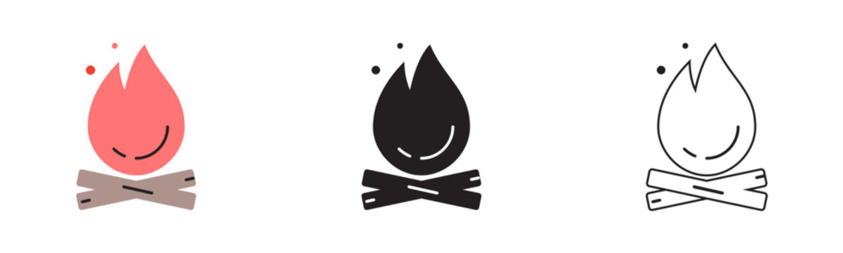 Bonfire icon set. Camping fire, wood logs campfire, and outdoor survival flame vector icons in flat, glyph, and line art styles. Isolated on white background for travel and adventure design.