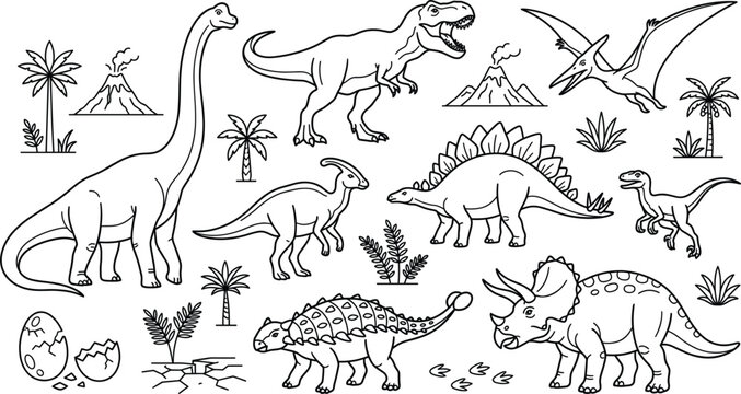 Dinosaur prehistoric animals collection including tyrannosaurus rex triceratops stegosaurus volcanos and palm trees outline line art vector illustration
