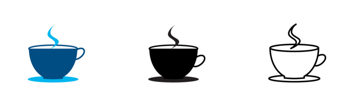 Hot cup icon set. Coffee break mug, hot tea vector icons in flat, glyph, and line art styles. Isolated on white background for cafe shop menu design.