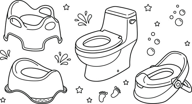 Toilet training potty seat and ceramic commode set for toddler bathroom outline line art vector illustration doodle collection