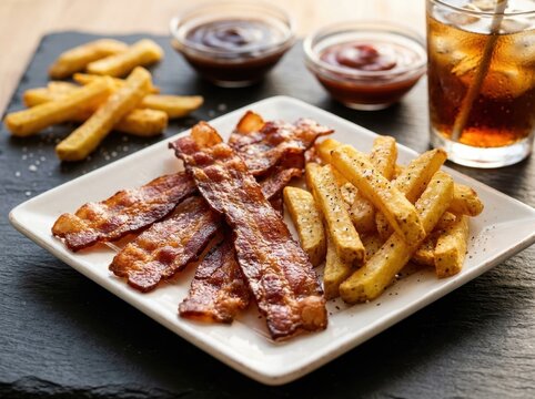 Crispy Bacon Strips and Golden French Fries on a White Plate with Dipping Sauces and a Drink