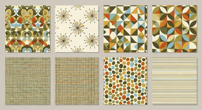 Colorful geometric pattern fabric swatches collection.