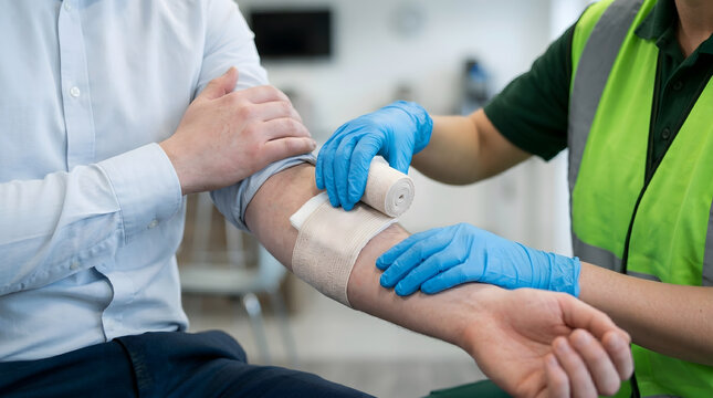 Paramedic applies bandage to patient arm first aid