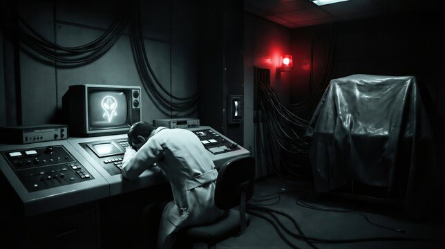 Man scientist sleeping at control console with extraterrestrial monitor screen. Secret underground bunker laboratory with mysterious technology. Conspiracy theory and alien contact concept.