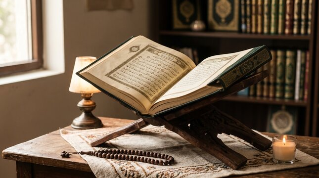 Open quran on wooden stand with rosary