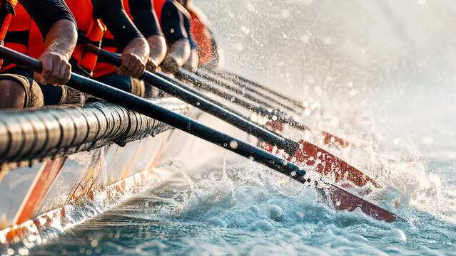 Rowing Crew in Motion: A team of rowers in unison propel their boat forward, their oars slicing through the water creating dynamic splashes.