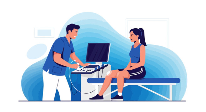 Medical Imaging Technician Performing Ultrasound Scan on Athlete's Knee Joint For Treatment Purposes