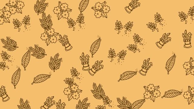 Yellow background with botanical flower and leaf sketches in brown, perfect for naturethemed graphic designs and pattern creations. Ideal for garden and floral design projects.