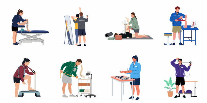 Flat vector illustrations of physical therapists and trainers performing various body measurements and assessments on patients for rehabilitation and fitness.