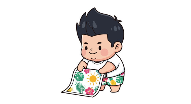 Cute cartoon toddler playing with colorful quilt indoors.