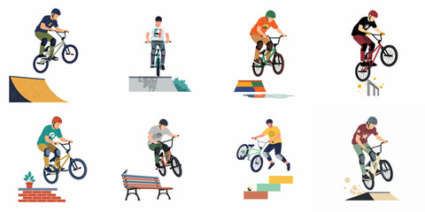 Set of flat vector illustrations depicting young men performing various BMX bike stunts and tricks on ramps, benches, and urban obstacles. © Sabrina