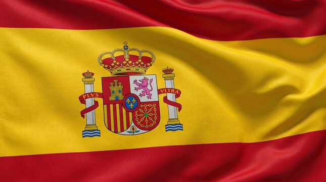 Waving Spanish Flag with Coat of Arms Detailed Close Up