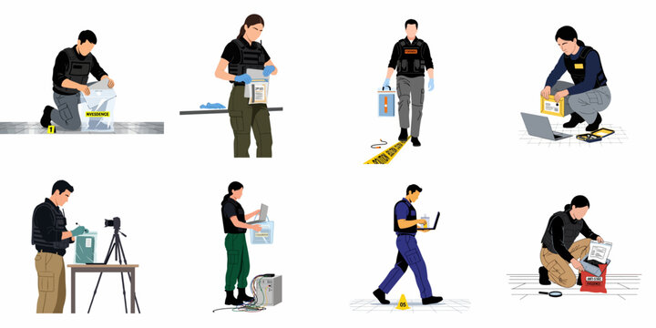 Set of forensic investigators collecting evidence, examining crime scenes, and performing digital forensics in flat vector style isolated on white background.