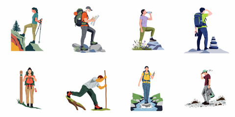 Fototapeta premium Vector illustration set of diverse people hiking, trekking, and enjoying outdoor adventures in nature with backpacks, maps, and gear on white background.