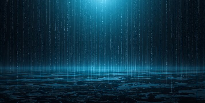 Abstract digital rain falling over a dark ocean surface, creating a serene and futuristic atmosphere