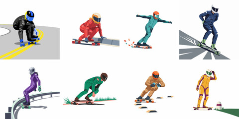 Flat vector illustrations of diverse downhill longboarders in colorful protective suits and helmets performing various maneuvers on roads and hills. © Nafa Project