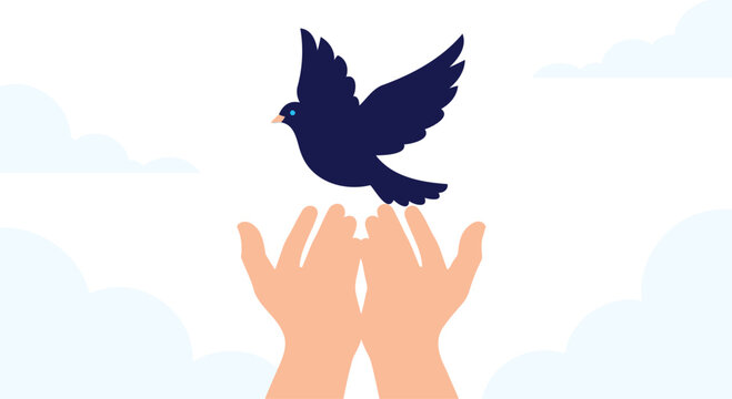 Dark blue dove flying above two open human msea set