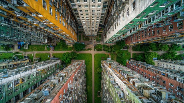 Real estate business market, house home building purchase sale. An aerial view of a multistory residential area, with buildings featuring windows, a lush green lawn, and a few vehicles on the road.