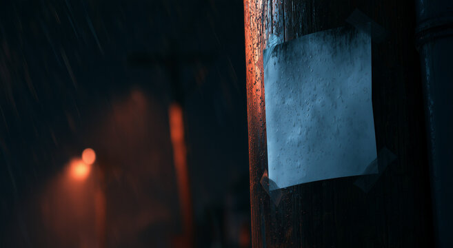 Blank White Paper Flyer Taped on Wet Wooden Pole Night
