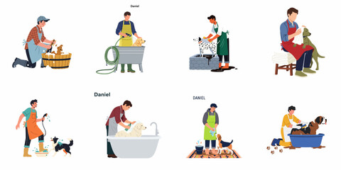 Fototapeta premium Flat Vector Illustrations of Men Washing, Scrubbing, and Drying Different Breeds of Dogs in Tubs and Bathtubs for Pet Care Service.