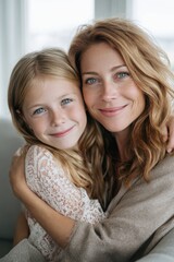 Fototapeta premium Mothers Day, Valentines Day, love holiday theme. A woman and a young girl embracing in a warm hug. The woman wears a white dress and the girl wears a lightcolored dress.