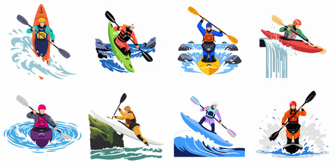 Set of eight vector illustrations showing athletes engaging in extreme water sports like whitewater kayaking and paddleboarding in various challenging environments. © Sabrina