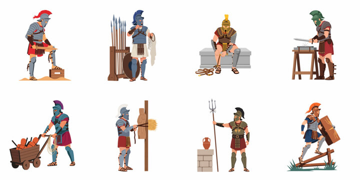 Collection of Ancient Roman Gladiators and Soldiers in Various Poses, Training, and Daily Activities, Flat Vector Illustration Set on White Background
