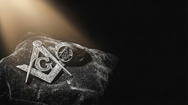 Freemason ring and square with compass on velvet cushion. Brotherhood symbol and masonic accessory. Secret society emblem representing fraternity, historical legacy and esoteric tradition.