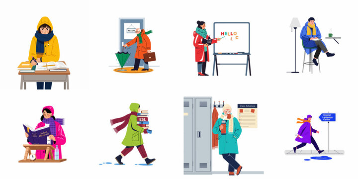 Set of flat vector illustrations depicting diverse people studying and teaching English at a language center during the cold winter season.