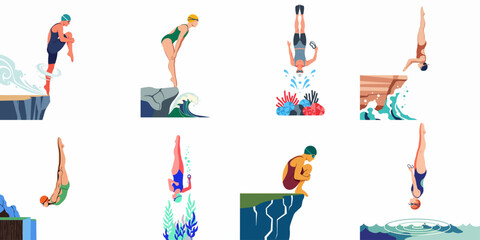 Collection of Flat Illustrations Showcasing People Jumping and Diving into the Ocean From Cliffs in Various Dynamic Poses © Sabrina