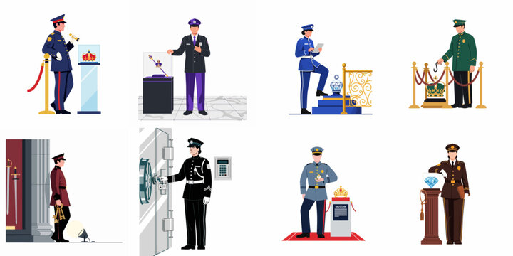 Set of illustrations depicting security guards and museum officers protecting valuable artifacts, crowns, jewels, and high-security vaults in flat vector style.
