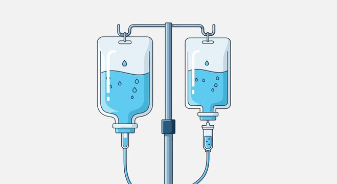 Medical Infusion Equipment Depiction with Saline Solution Dripping in Simplified Vector Style