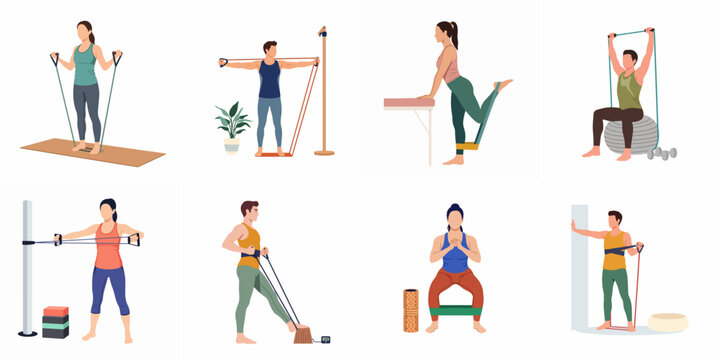 Flat vector illustration set of people performing various strength training and rehabilitation exercises using resistance bands for home workouts.