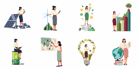 Fototapeta premium Set of flat illustrations featuring professional women working in renewable energy, green business, and environmental sustainability management sectors.