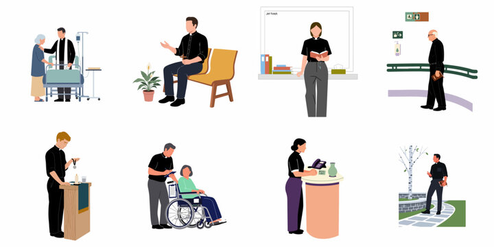 Flat illustration set featuring diverse clergy members and chaplains providing pastoral care, spiritual support, and comfort in healthcare and community environments.